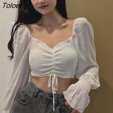 Women Square Collar Ulzzang Solid Butterfly-sleeve Sexy Lace-up Design Femme Chiffon Cropped Spring Cozy Newest