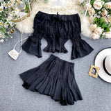 Spring Summer Long Flare Sleeve Slash Neck Slim Tops Short Mini Pleated Skirt Women Two Piece Set Outfits