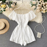 Slash Neck Women Jumpsuits 2022 New Sweet Ruffles Hollow Solid Rompers Summer Fashion Wide Leg Short