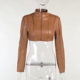 Weird Puss Faux Leather Zipper Crop Jacket Women Long Sleeve Patchwork Stretch Hipster 2021 Autumn Fashion Skinny Casual