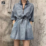 VAREY LIN 2022 New Spring Summer Women Casual Denim Dress Fashion Zipper Stand Collar Drawstring Adjustable Waist Denim