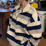 Vintage Striped Print Half Zip Oversized Sweatshirt-Outfit