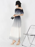 TWOTWINSTYLE Ombre Summer Two Piece Set Womens Slash Neck Short Sleeve Tops High Waist Midi Skirts Colorblock Sets Female