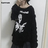 Black Gothic Lady Cotton T Shirt Women Skull Print Long Sleeve Off Shoulder Loose T-shirt Dark Goth Kawaii Irregular