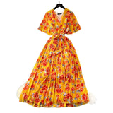 Summer Dress New Female High-End Feel Strapped Belt V Collar Horn Sleeves Thin Temperament Print Chiffon