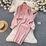 Fashion Vintage Sweater Two Pieces Sets Women Knit Cardigan+Midi Camis Dress Autumn Streetwear Loose Knitted