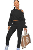 Winter Sexy Fleece Shoulder Slope Long Sleeve Top And Pant 2 Piece