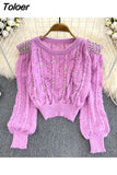 Autumn Women Long-sleeved Knitwear With Diamond Hollow Korean Fashion Round Neck Casual Loose Pullover Ladies Knit