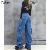 Blue High Waist Cargo Jeans Women Multi Pockets Long Casual Denim Mom Jeans Harajuku 90s Retro Vintage Baggy
