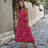 New Long Dot Vacation Style Print Dress Women Lace Up High Waist O Neck Big Swing Dress New Fashion Summer Sleeveless