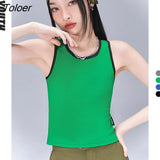 Women Vest 2022 Summer Sleeveless Slim Stretch Ribbed Contrast Color Solid Black Gray Green Blue