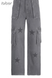 Star Print Gray Low Rise Cargo Jeans Grunge Clothes Y2k Aesthetic Womans Pants Streetwear Denim Trousers