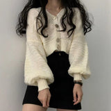 Party Sannian Women Weater Simple V-neck Big Button Loose Solid Color Lantern Sleeve Short Knit Cardigan Sweater Women Tops