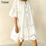Chic Eyelet Lace Embroidery Mini Dress Ruffle Sleeve Tassle V-Neck Boho Casual Beach Dress Summer Women Clothing
