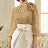 Fashion Women Party Blouse Long Lantern Sleeve Shirt 2022 Autumn Bow Tie Elegant Office Ladies Top Tunic Blusas