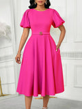 Women's 2025 Summer Fashion Bubble Sleeve Elegant High- Waist Solid Colored Round Dress African
