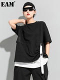 Women Black Contrast Color Irregular Big Size T-shirt New Round Neck Half Sleeve Fashion Tide Spring Summer 2023