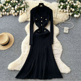 Fragrant Elegant Collar Long Sleeve Metal Buckle Waist Knitted Dress Autumn Thin Long