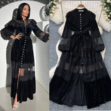 Dress Women's French Retro Fashion Collar Pearl Single Buckle Lace Splicing Velvet Swoon Long