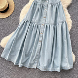 Ripe Wind Niche High-Grade Buckle Collar Sleeveless Roll-Lens Denim Dress Women's Summer Long