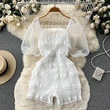 Pleated Design Splice Ruffled Jumpsuit Women Mesh Solid Square Neck Backless Zipper Ladies Chiffon Casual