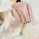 Women Knit Houndstooth Cardigan Long Sleeve Sweater Tops + Wide Leg Pants Sets Elegant V-neck Knitwear Trousers 2 Piece