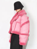 Colorblock Lapel Lambswool Jacket For Women Long Sleeve Women's Casual Short Coat Female Fashion Clothing Winter