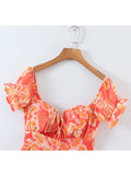 2023 Summer Chic Sexy Mini Dress Woman Chiffon Printed Ruffled Puff Sleeve Square Collar Lace Hollow Holiday Short