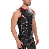 Toloer Men's Mirror PU Bright Leather Round Collar T-Shirt Slim Leisure Waterproof Sleeveless Vest No Smell-Outfit
