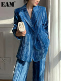 Wide Leg Pants Two Piece Suit New Notched Collar Long Sleeve Blue Loose Fit Women Fashion Tide Spring Autumn 2023