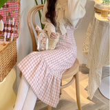 Kawaii Woolen Pink Plaid Mermaid Skirt Women Autumn Japanese Sweet Elegant High Waist Slim Strap Long Skirts Soft