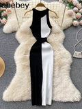Summer Knitting Dress Women Patwork Casual Body-con Dress Pullovers Simple Step Maxi Long