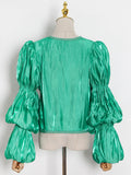 Vintage Solid Shirt For Women V Neck Lantern Sleeve Fold Pleated Slimming Shirts Female 2022 Spring Clothing