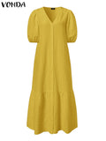Summer Shirt Dress Women Casual Half Sleeve V Neck Button Down Pleated Long Dresses VONDA Ladies 2022 Bohemian Vestidos