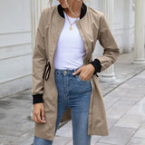 Women Outdoor Dust Coat Autumn Long Sleeve Stand Collar Cardigan Streetwear Slant Pocket Drawstring Waterproof Mid-Length