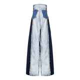 Casual Denim Patchwork Women Trousers High Waist Hit Color Big Size Wide Leg Pants Female Fashion Spring 2023