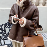 Women Faux Leather Fur Coats Sheep Leather Shearling Jackets Lady's Fashion Long Sleeve Zipped Outerwear Fall Winter Warm