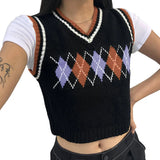Style y2k Knitted Pullover Crop Tops Women Vintage Argyle Aesthetic Top Strawberry Print Harajuku Tank