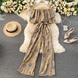 Women Jumpsuit Rompers Summer Casual Floral Print Off Shoulder Ruffles Lace-up Sashes Wide Leg Holidays Loose