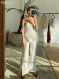 Sexy Halter Backless Tank Top Set Woman 2 Piece Bodycon Beige Pleated Pants Set Female Elegant Skinny Slit Trouser