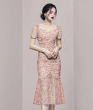 Temperament Romantic Purple Flowers Party Dress 2022 Women Square Collar Puff Sleeve Slim Ruched Ruffle Fishtail