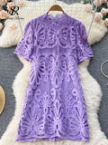 Straight Summer Women Lace Dress 2022 Zipper Sexy Hollow Out Slim Vacation Ladies French Style Midi