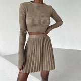Suit With Skirt Women Solid 2022 Spring Mini Pleated Skirt And Long Sleeve Slim Crop Pullover Lady 2 Pieces Sets