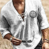 Viking Pirate Medieval Cosplay Halloween Costume Men Shirt V Neck Lace Up Vintage Shirt Half Sleeve Linen Blouse
