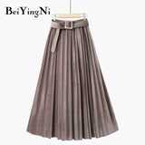 Autumn Winter Skirt Women With Belt Long Metallic Silver Maxi Pleated Skirt Midi High Waist Fashion Vintage Saia