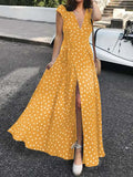 2022 Summer Maxi Dress Women Sexy Split Polka Dot Short Sleeve Long Sundress Celmia Bohemian Belted V-Neck Party Beach
