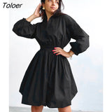 Elegant Black Mini Dress Lantern Sleeve Pleated Autumn Turn Down Collar Shirt Dress Casual Solid Bodycon Dresses For