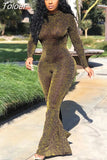 Lurex Sexy Bell Bottom Bodysuit Long Sleeve Striped Flare Jumpsuit Party Night Club Ladies One Piece Bodycon