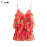 Women Sexy V Neck Tropical Floral Print Pleat Ruffles Sling Mini Dress Female Chic Backless Summer Mesh Vestidos