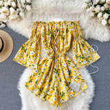 Boho style off shoulder sexy floral print Jumpsuit lace up Women Short Summer high waist Playsuit flare sleeve Beach
